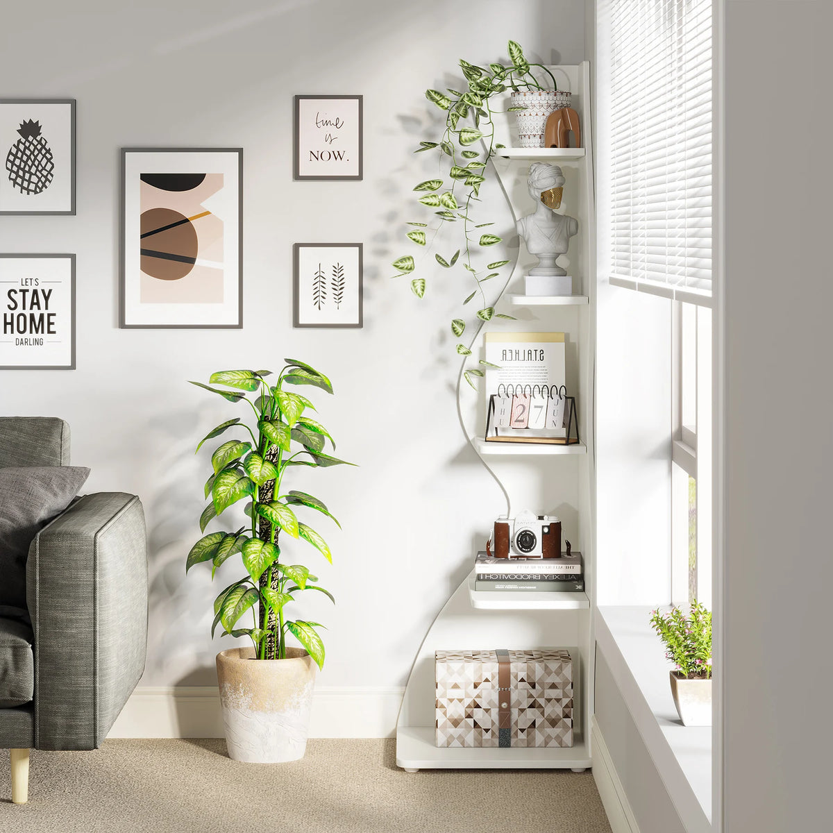 Corner Shelf - Tall 5-Tier White Corner Bookshelf
