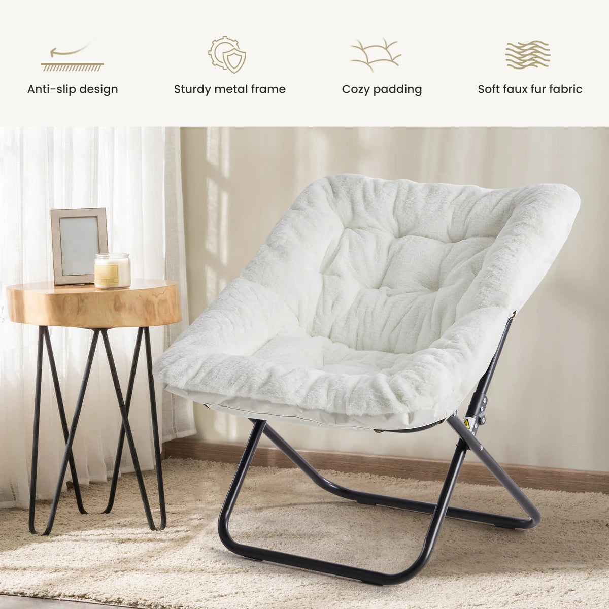 Saucer Chair - Foldable Faux Fur Dorm Room Chair (Rice White)