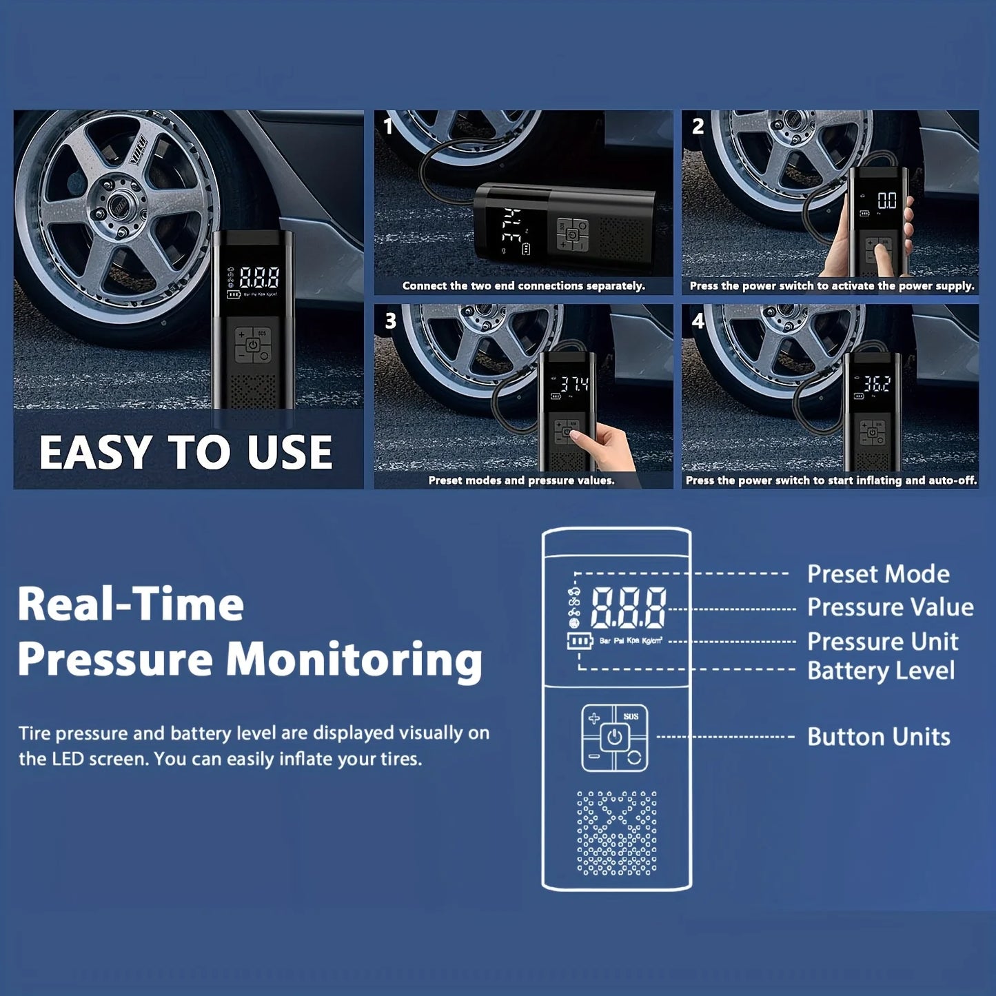 Portable Tire Inflator - 12V Cordless Air Compressor