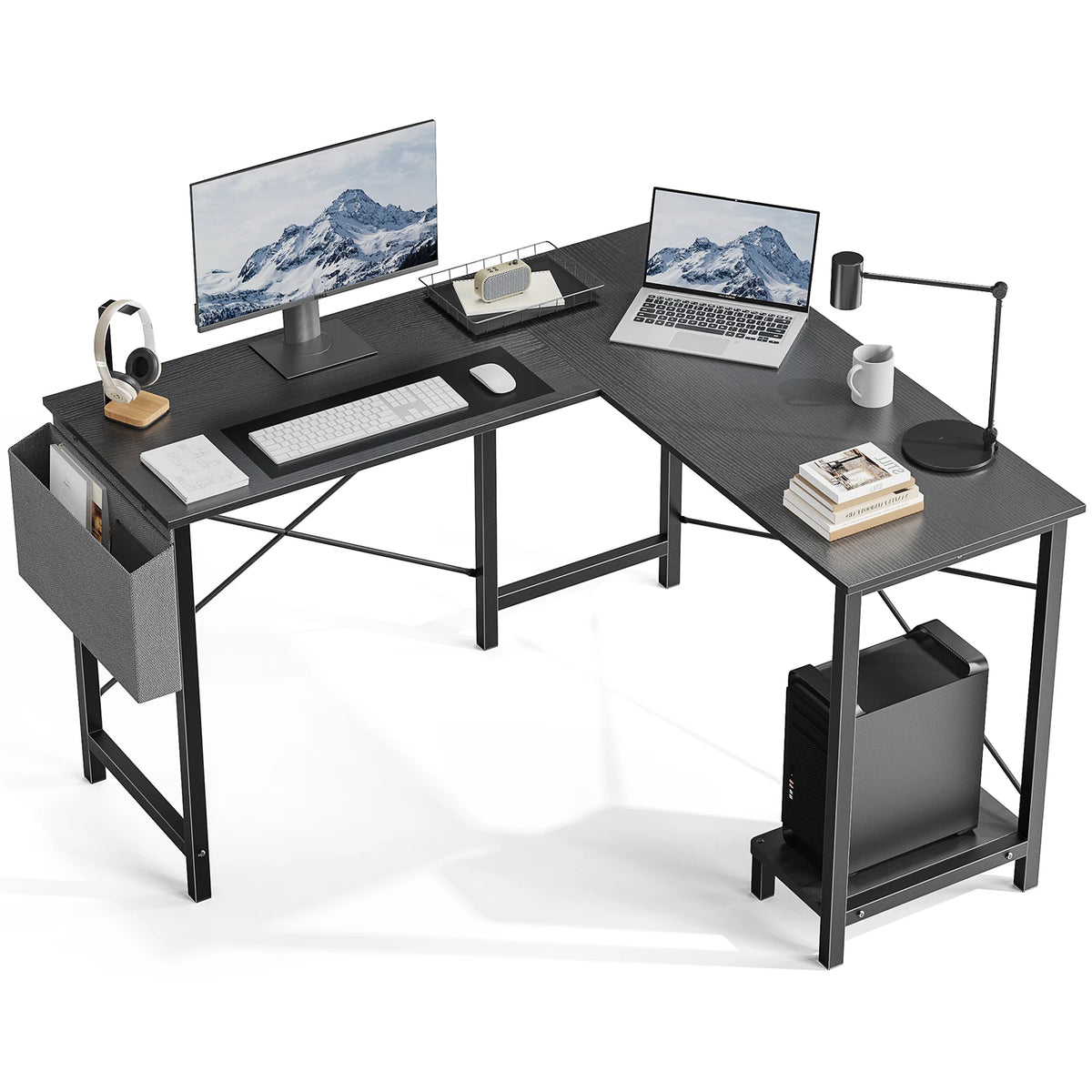 L Shaped Gaming Desk - Corner Computer Desk with CPU Shelf (Black)