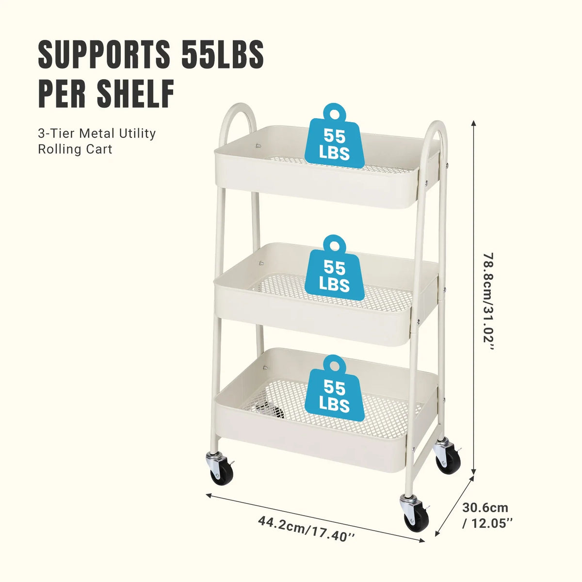 Labelled size diagram for the 3-tier metal rolling storage cart