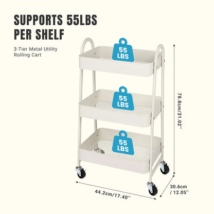 Labelled size diagram for the 3-tier metal rolling storage cart