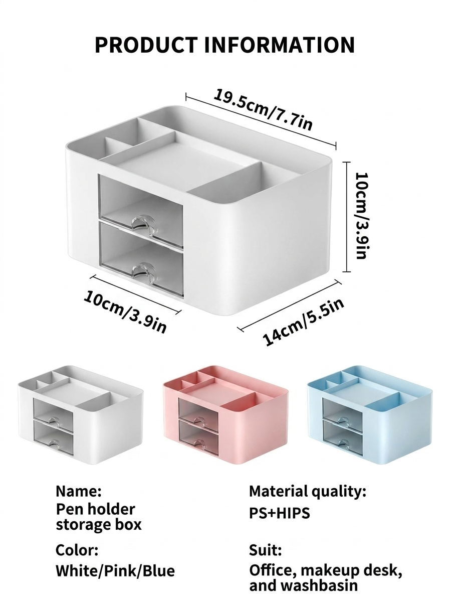Deetay pen organizer product information graphic showing dimensions and materials