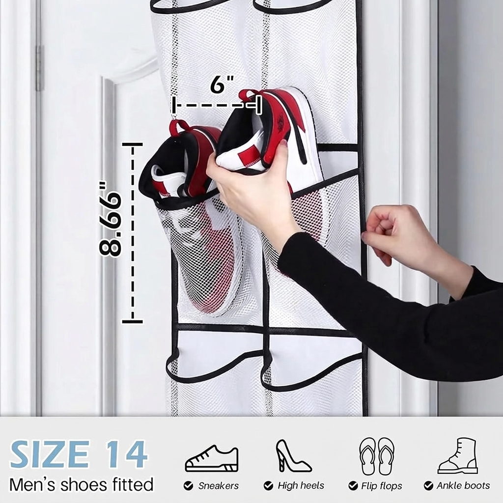 Shoe organizer pocket dimensions, fits up to men's size 14 shoes
