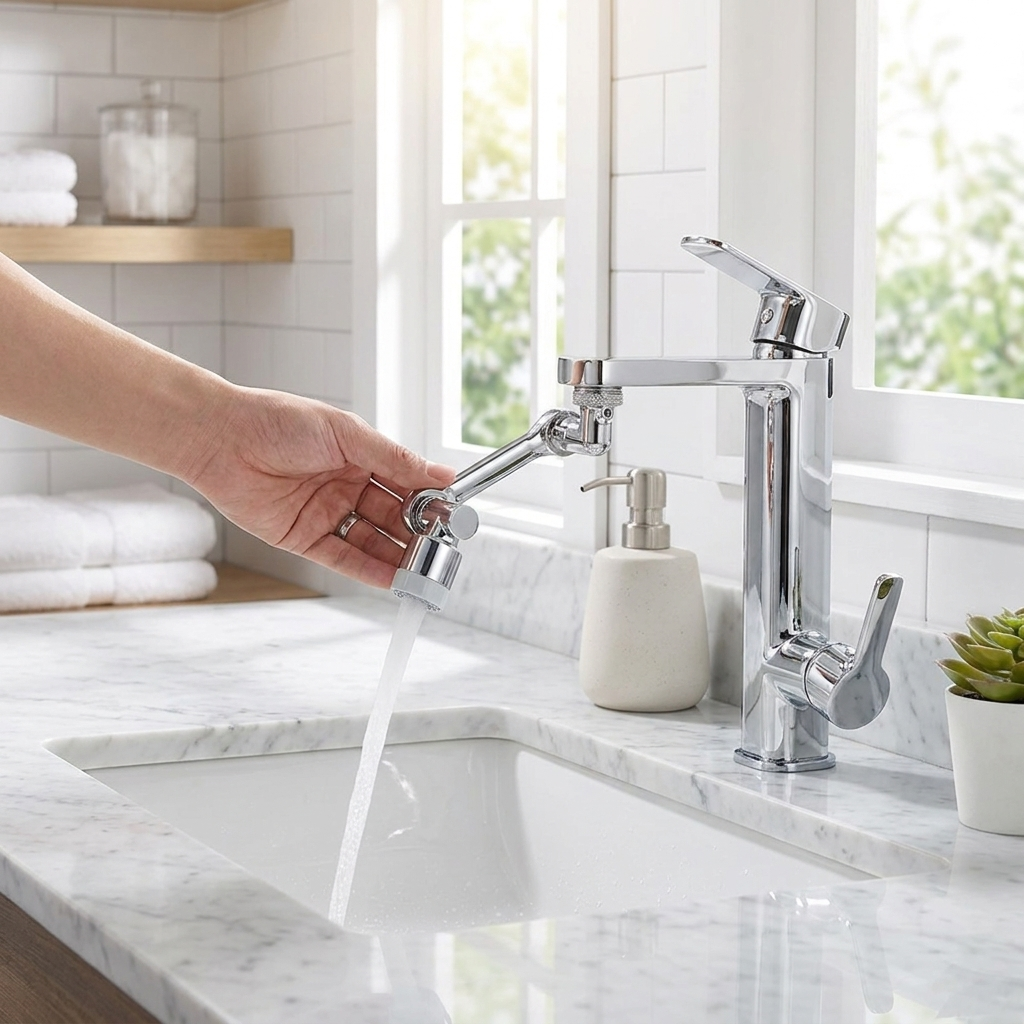 Mechanical arm faucet in use on a modern bathroom sink