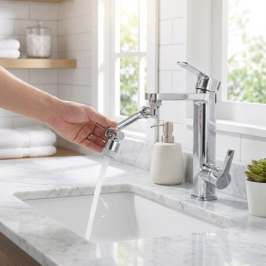 Mechanical arm faucet in use on a modern bathroom sink
