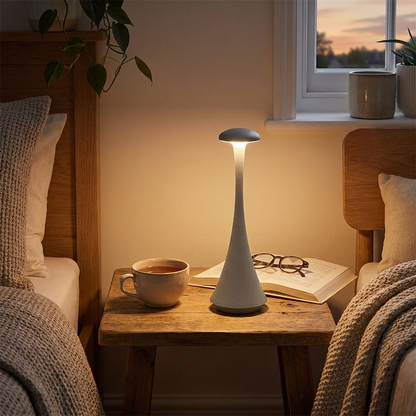 Mushroom table lamp glowing warmly on a bedroom nightstand