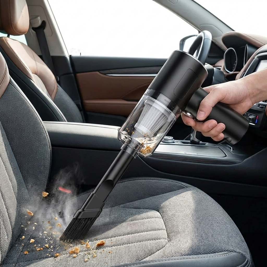 Wireless car vacuum cleaner in use on a car seat interior