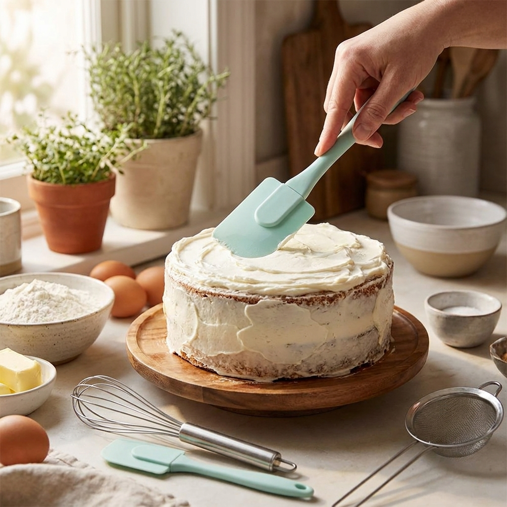 Cream scraper spatula spreading frosting on a cake