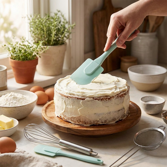 Cream scraper spatula spreading frosting on a cake