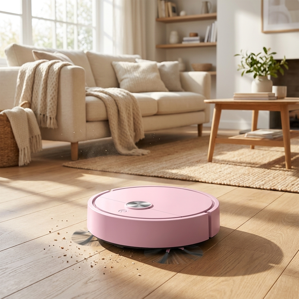 Smart robot vacuum cleaning a modern living room floor