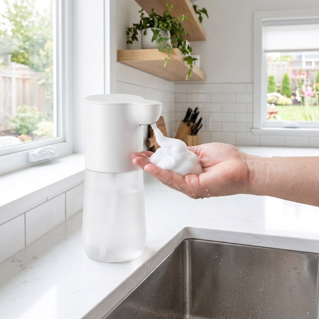 Automatic soap dispenser mounted by a sink dispensing foam