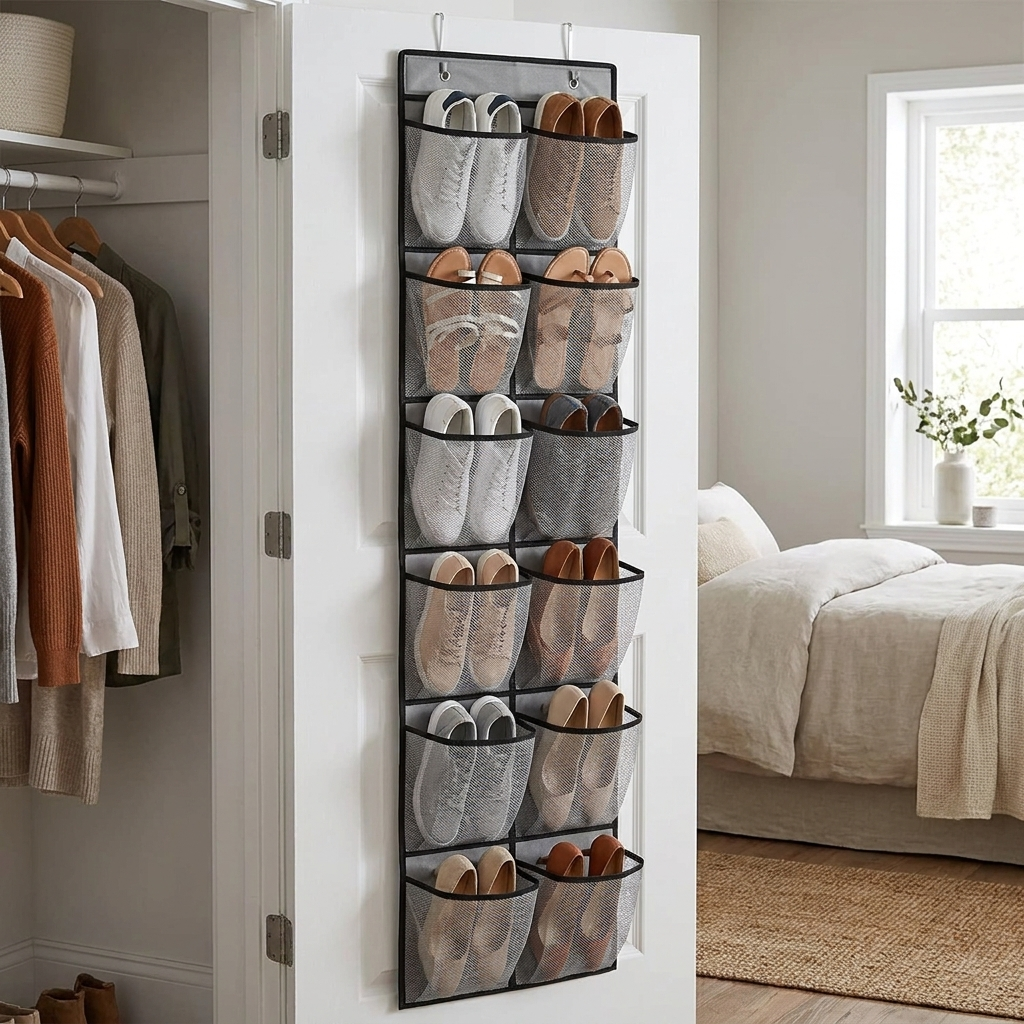 Over-the-door shoe organizer mounted on a closet door