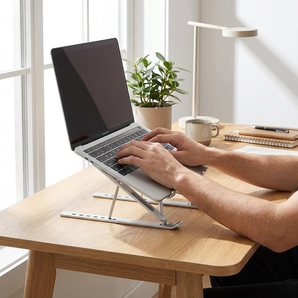 Foldable laptop stand holding a laptop on a home office desk