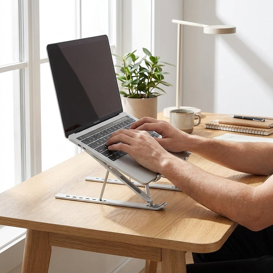 Foldable laptop stand holding a laptop on a home office desk