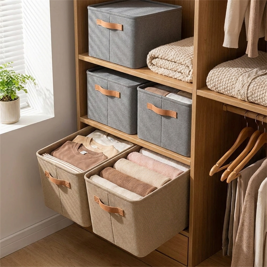 Foldable clothes organizer box in a tidy bedroom closet