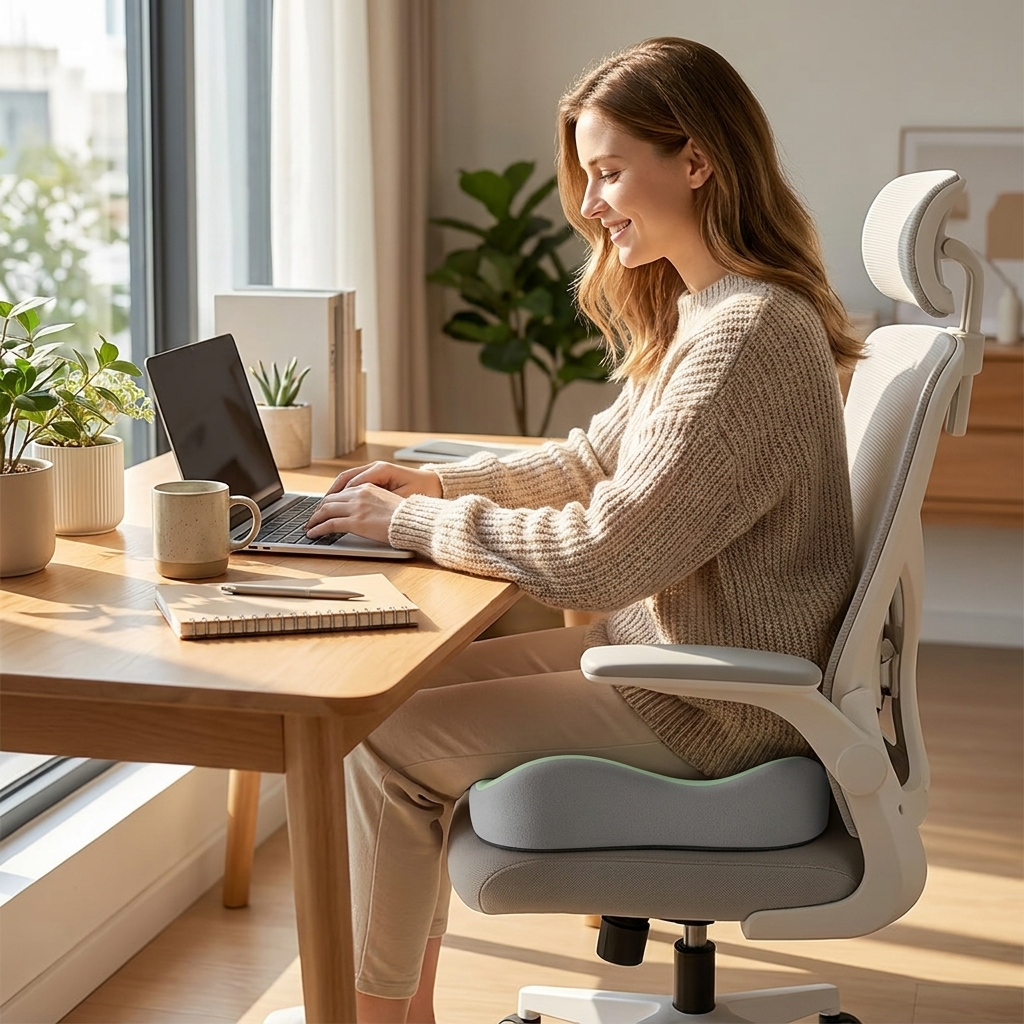 Ergonomic office seat cushion on a desk chair