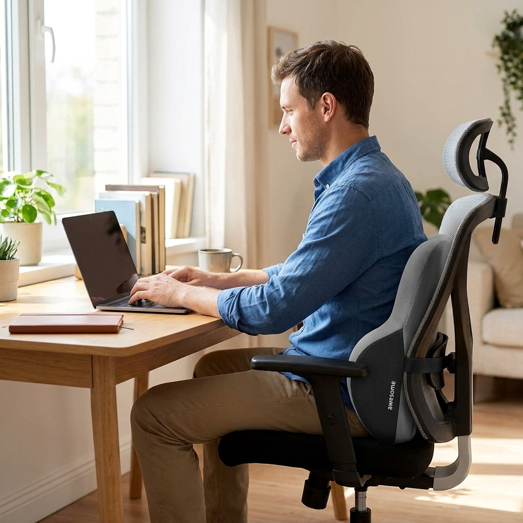 Memory foam lumbar cushion on an office chair
