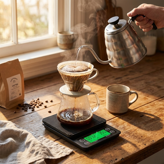 Precision coffee scale with a pour-over coffee setup