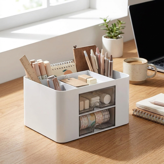 Pen organizer with pens on a home office desk
