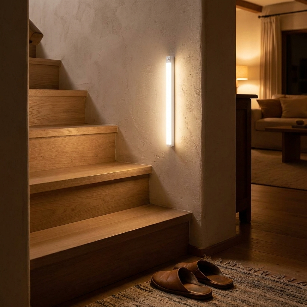 Motion sensor night light mounted in a hallway