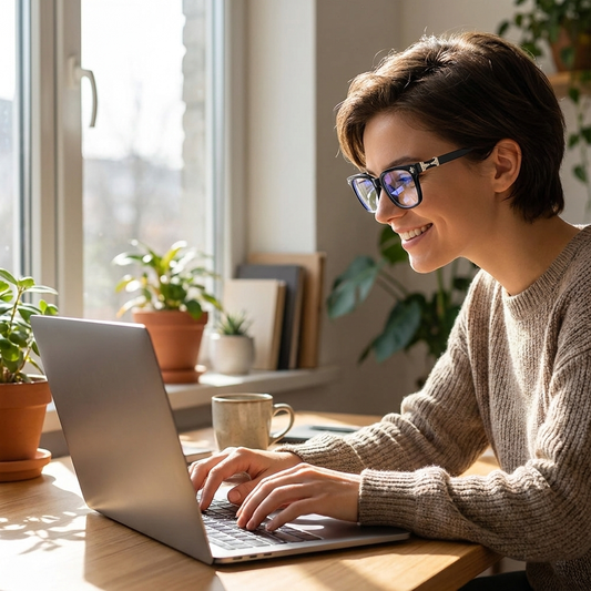 Blue Light Glasses in use with lifestyle background