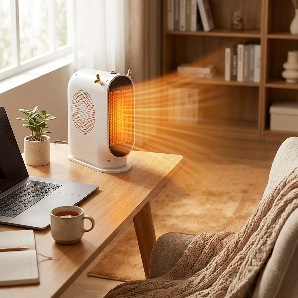 Desktop electric heater in use on a home office desk