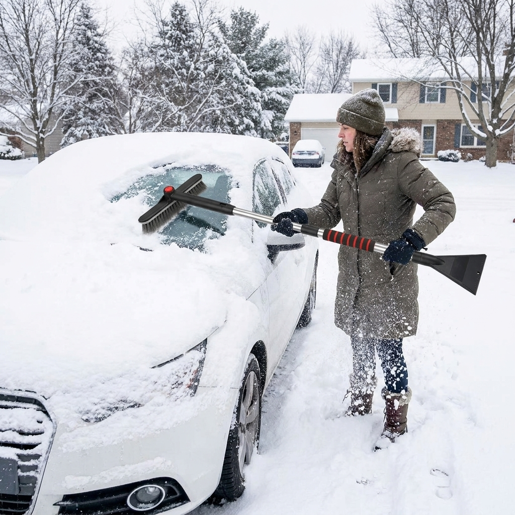 Snow shovel and ice scraper in use on a car windshield