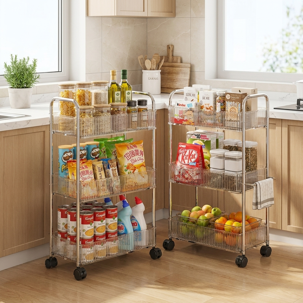 Mobile storage shelf trolley in use in a kitchen