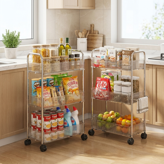 Mobile storage shelf trolley in use in a kitchen