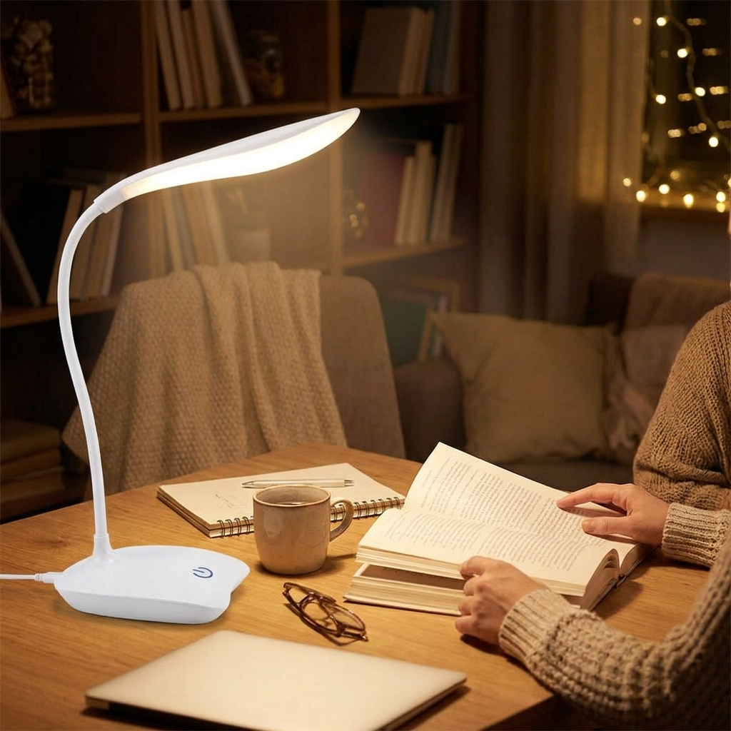 LED desk lamp illuminating a study desk at night