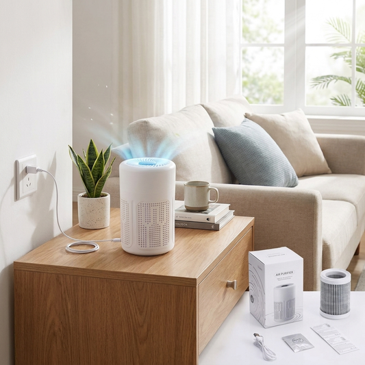 Portable air purifier running on a living room table