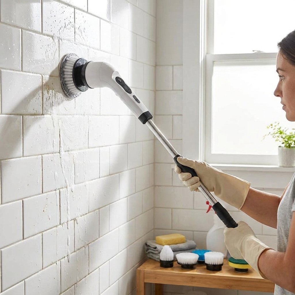 Cordless spin scrubber cleaning bathroom tiles