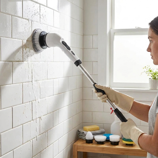 Cordless spin scrubber cleaning bathroom tiles