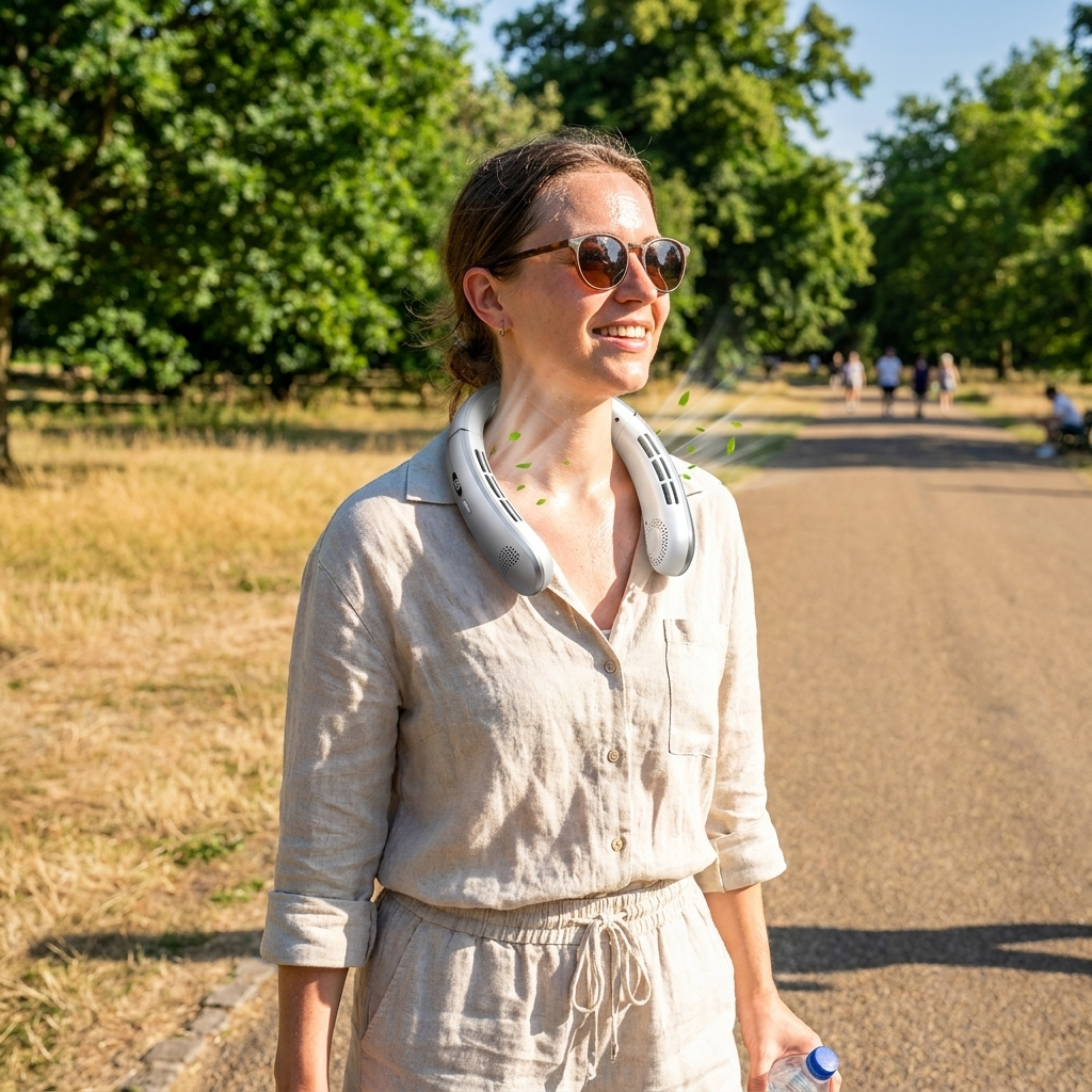 Person wearing a hanging neck fan outdoors
