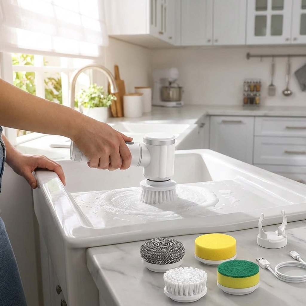 Cordless spin scrubber cleaning a kitchen sink