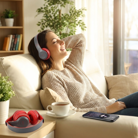 Person wearing wireless bluetooth headphones