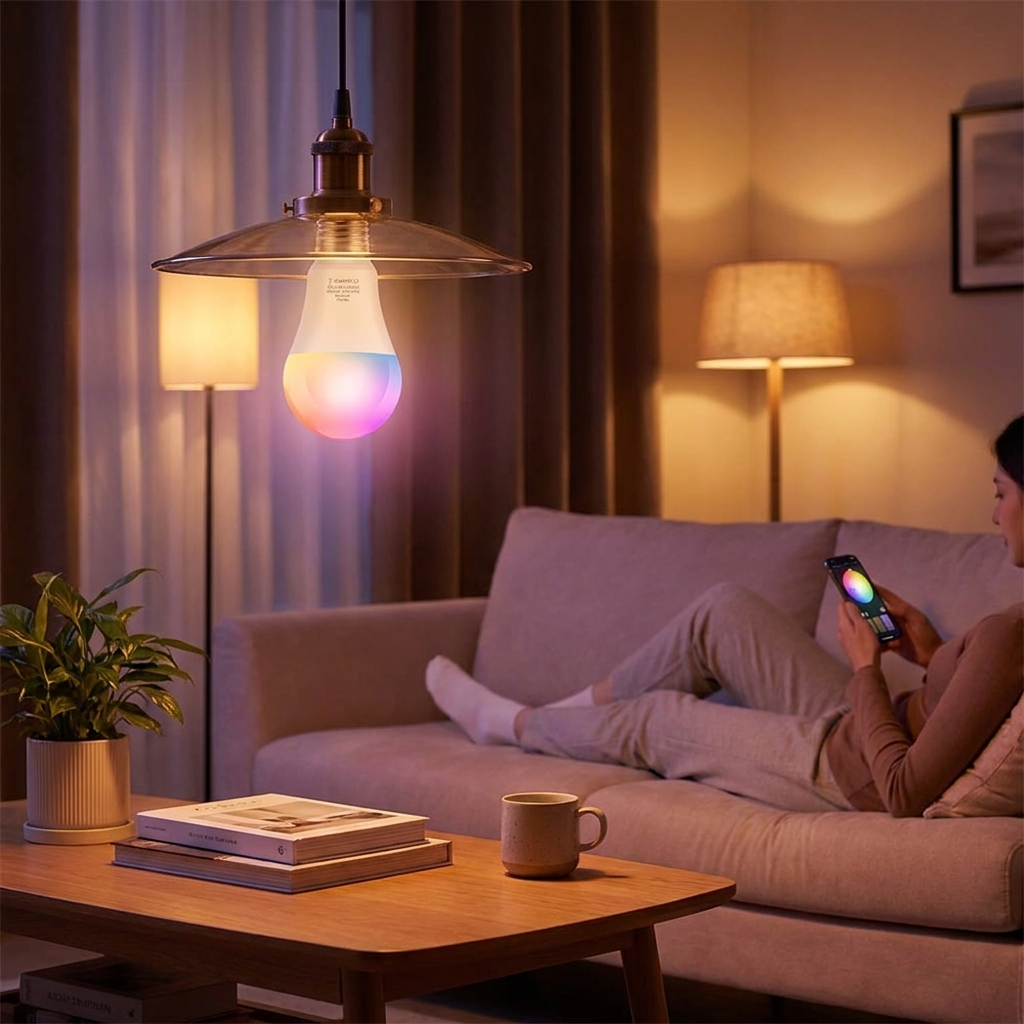 Smart RGB E27 bulb glowing in a pendant lamp fixture