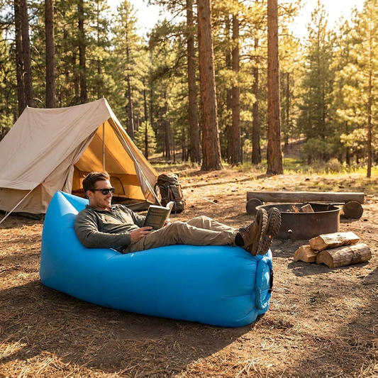 Person relaxing on an inflatable air sofa while camping