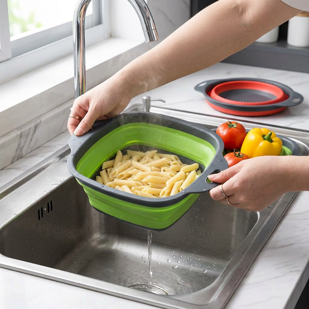 Collapsible Silicone Colander in use