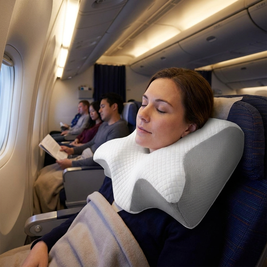 Memory Foam Travel Neck Pillow in use