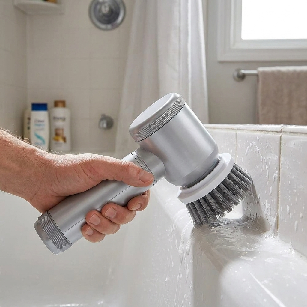 Cordless electric spin scrubber held in one hand, true-to-scale, cleaning a bathtub edge