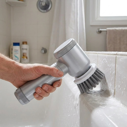 Cordless electric spin scrubber held in one hand, true-to-scale, cleaning a bathtub edge