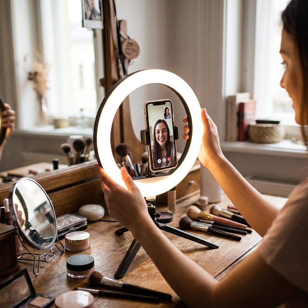 10-inch LED ring light with tripod holding a phone on a vanity desk