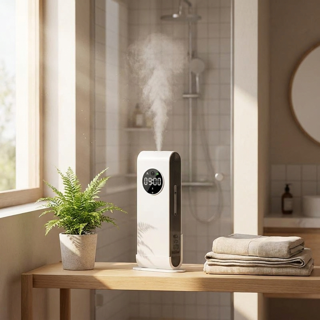 Essential oil diffuser misting fragrance on a bathroom console table