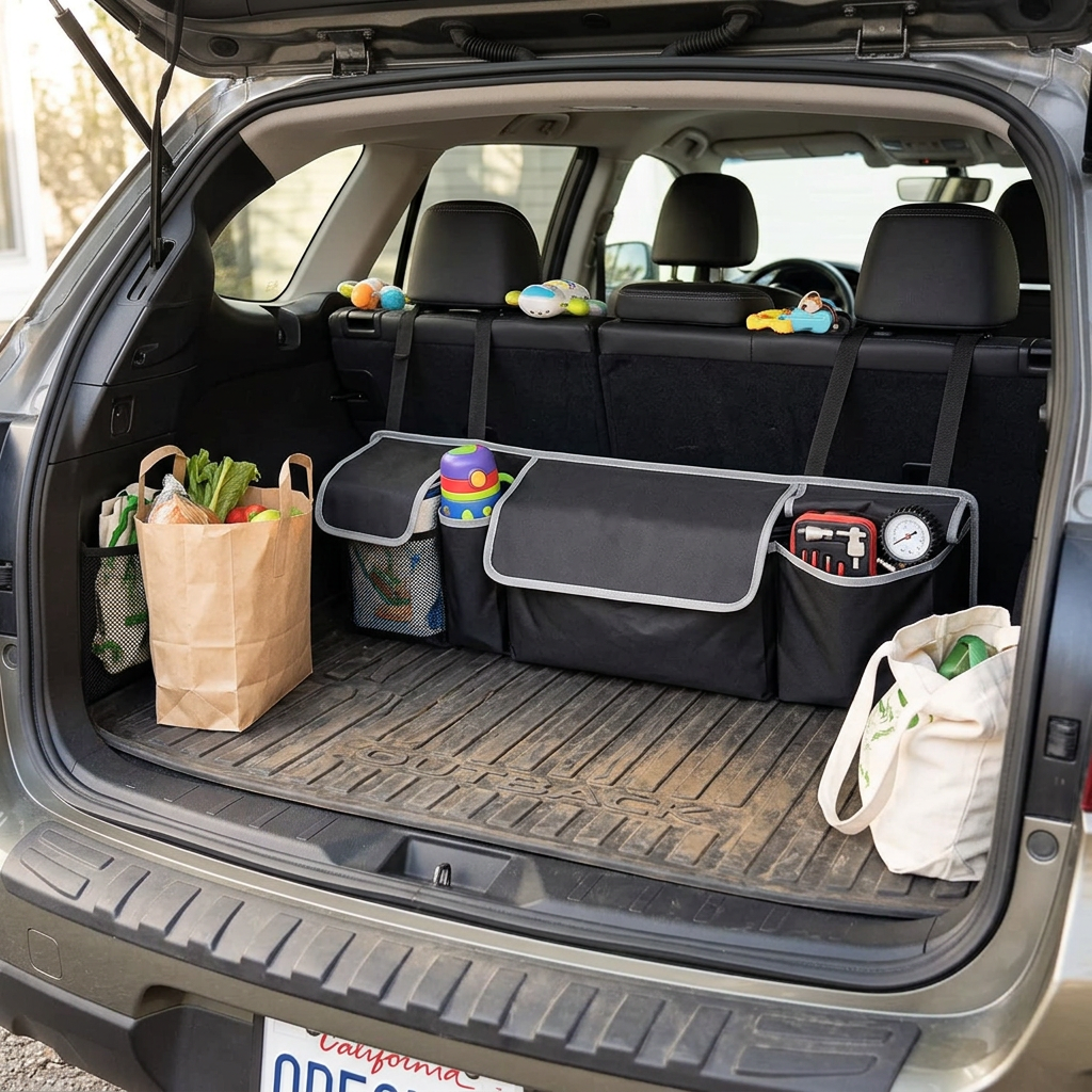 Car trunk organizer mounted over the rear seat of an SUV, holding groceries and a small tool bag