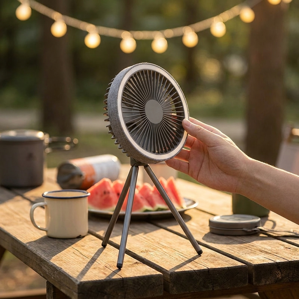 HOMEFISH Portable Rechargeable Camping Fan with power bank and LED light on outdoor picnic table