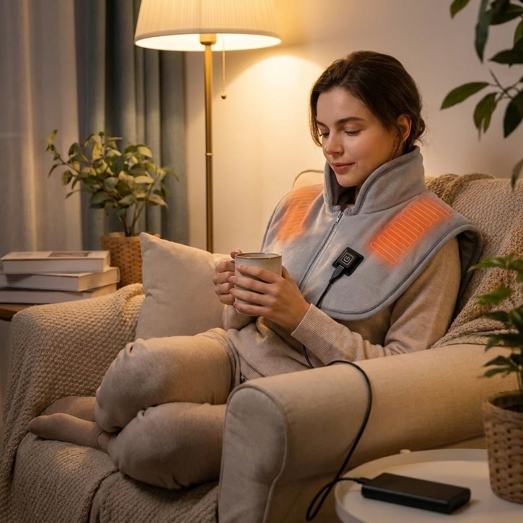 USB Heated Shawl with 3 heat settings worn while relaxing on the couch