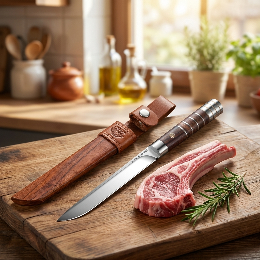 Stainless steel meat cutting knife with wood handle and leather sheath on cutting board