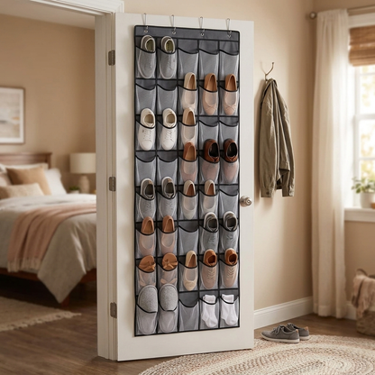 Over-Door Shoe Organizer hanging on a bedroom door, holding neatly organized shoes